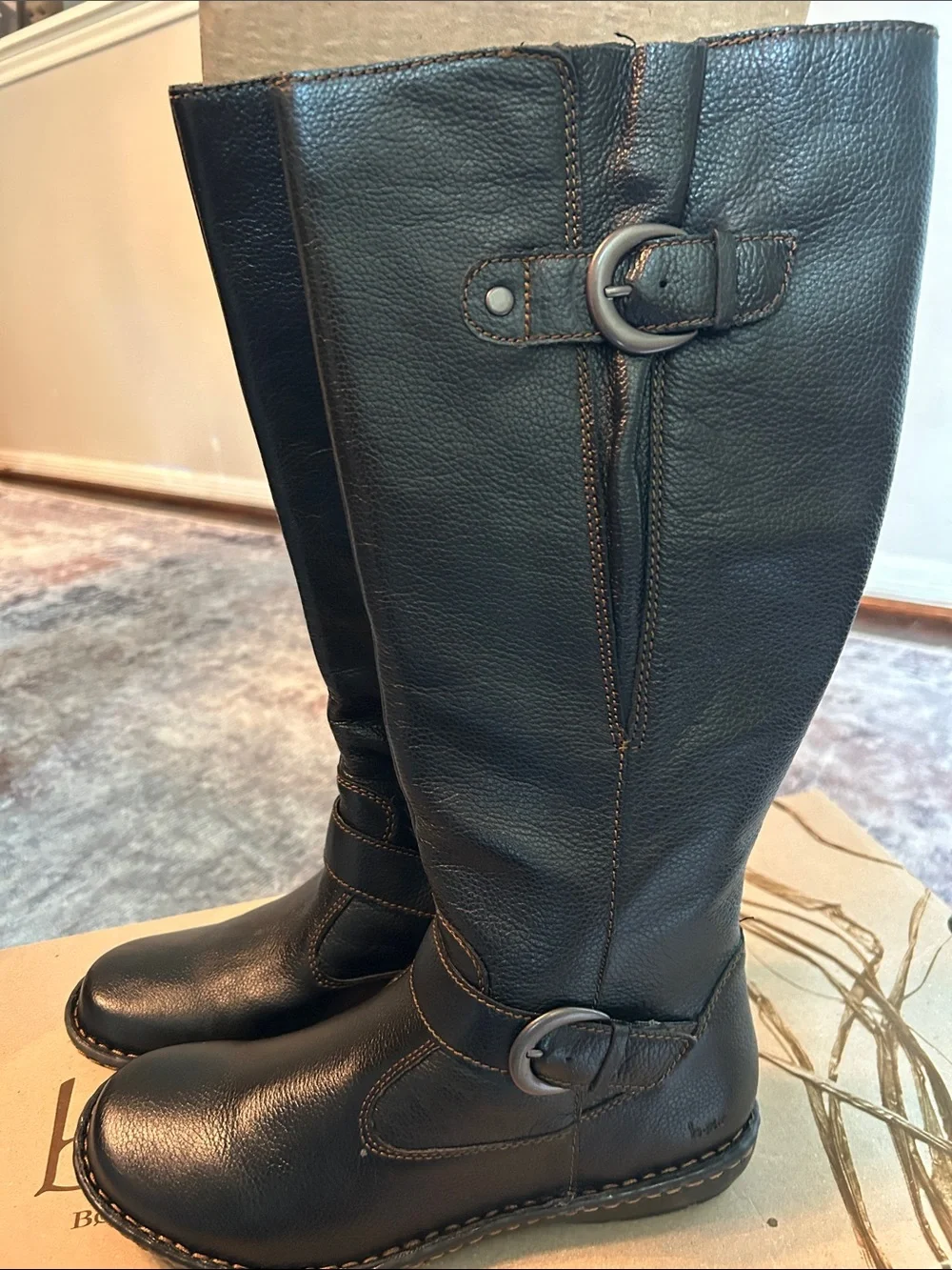 b.o.c. Black Tall Leather Riding Boots with Buckle Accents